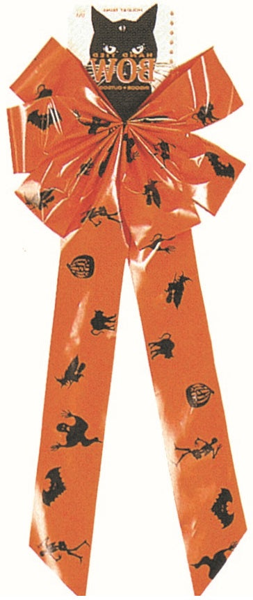 Orange bow with black figures on it. The figures include a skeleton, a pumpkin, a cat, a switch on a broom and a bat.