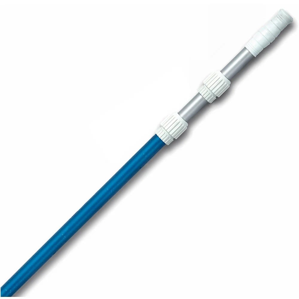 Telescopic pole for pool skimmers, brushes, vacuum heads, etc. The pool is shiny blue, white and silver.