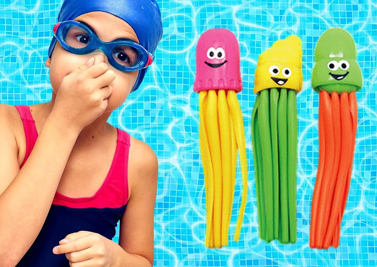 Pool dive toy shaped like an octopus. They're multi-colored and have cute, smiling faces.