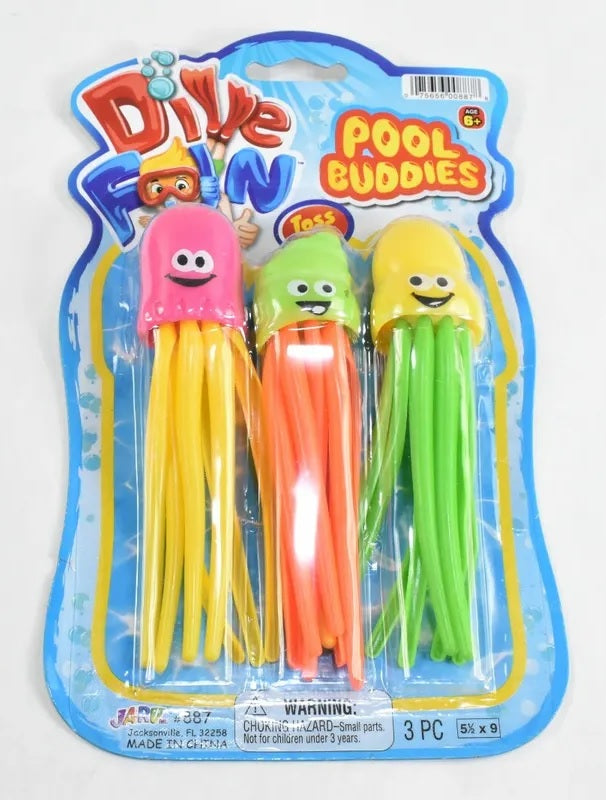 Pool dive toy shaped like an octopus. They're multi-colored and have cute, smiling faces.