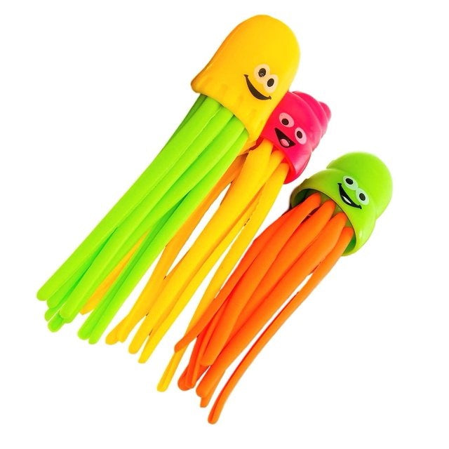 Pool dive toy shaped like an octopus. They're multi-colored and have cute, smiling faces.