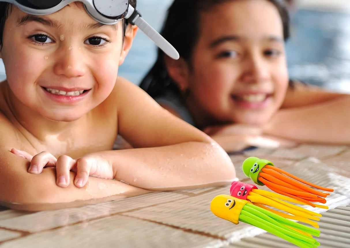 Pool dive toy shaped like an octopus. They're multi-colored and have cute, smiling faces.