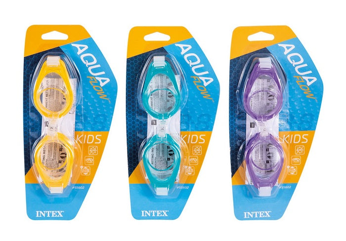 Three swimming goggles. One is yellow, one is green and one is purple.