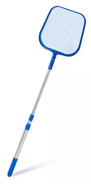 Adjustable pool skimmer. Pole is blue and silver and the border around the net is blue.