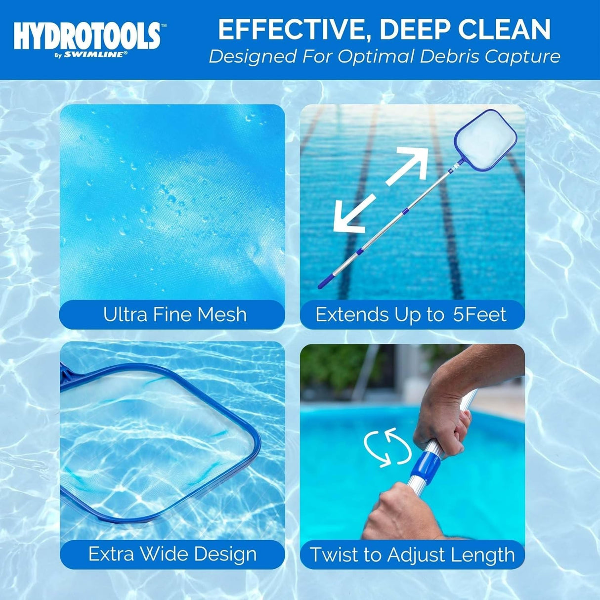 This pool skimmer was designed for optimal debris capture for an effective, deep clean. It features ultra fine mesh and an extra wide design. It extends up to 5 feet. All you have to do is twist the pole to adjust the length.