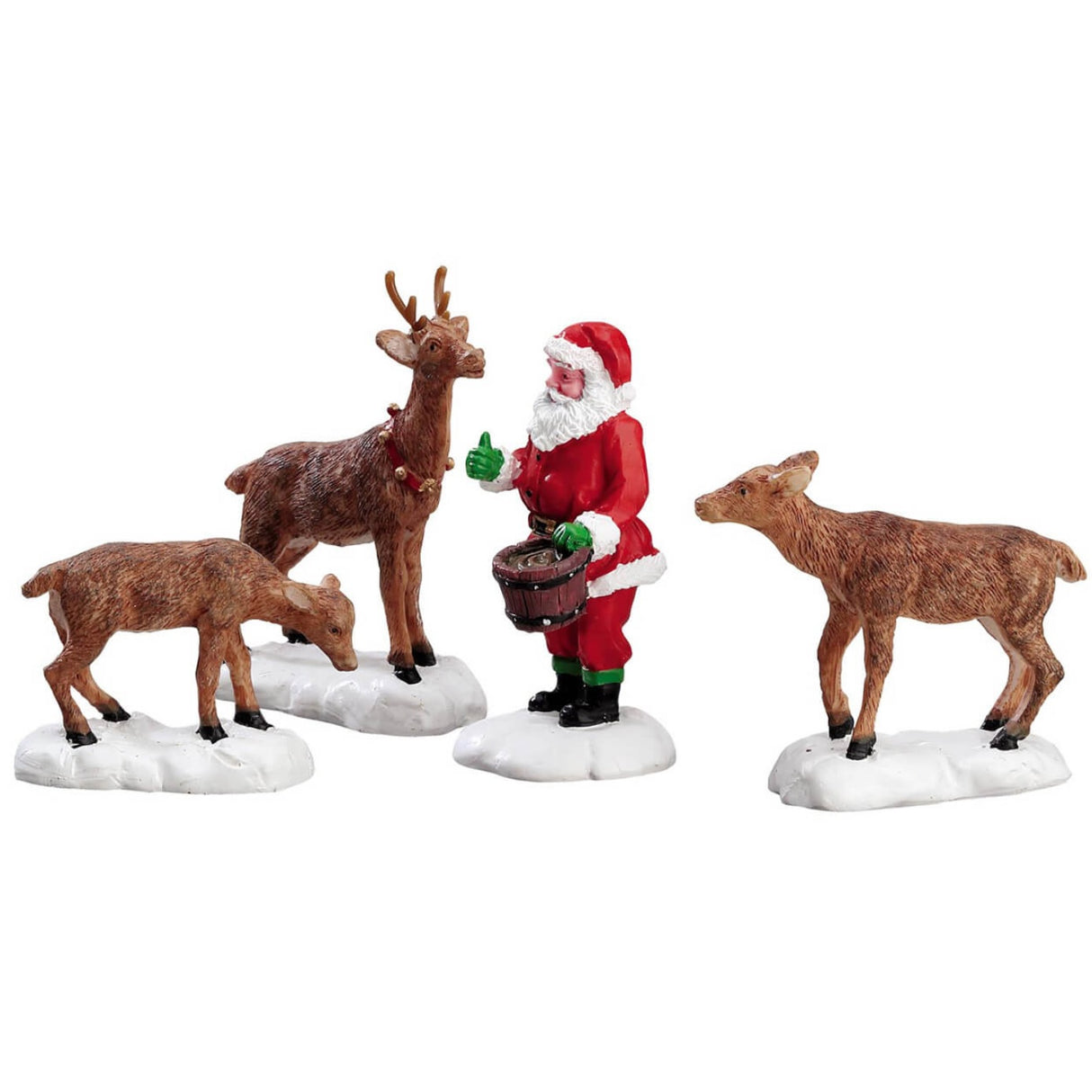 Polyresin figurines for a Lemax display. Designed to look like Santa Claus wearing his traditional garb. He's feeding three reindeer in the snow.