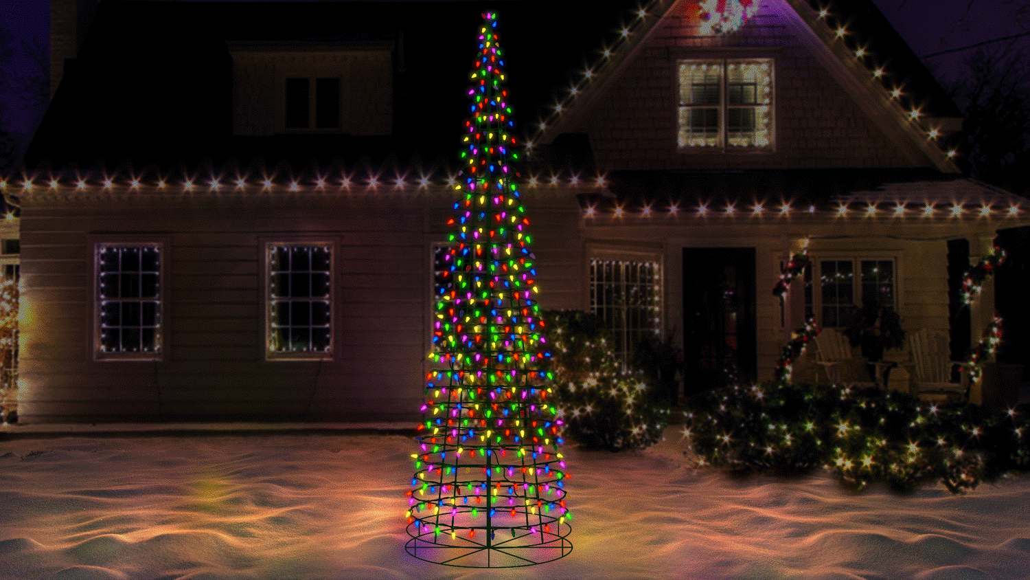 This moving image shows how the multi-colored lights on this wire cone tree blink.