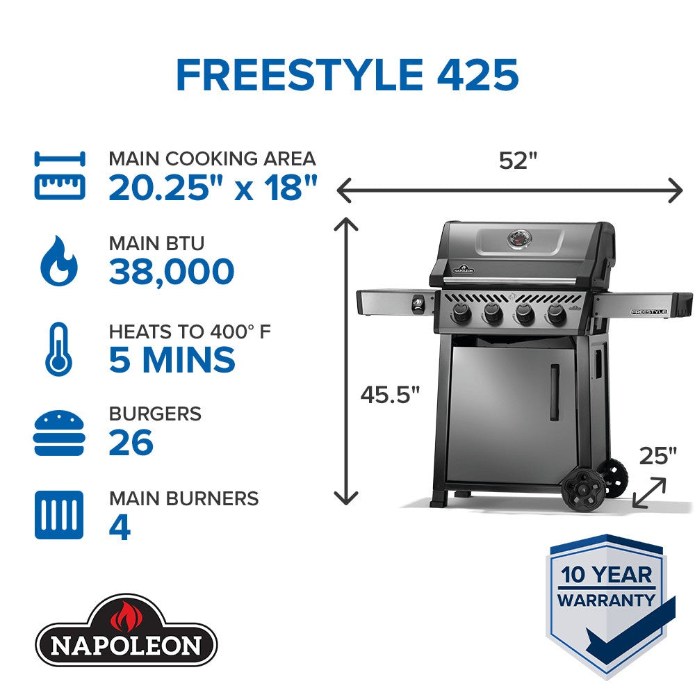 This image reads "Freestyle 425. Main cooking area: 20.25" x 18". Main btu: 38,000. Heats to 400 degrees Fahrenheit in 5 minutes. Can cook 26 burgers at once. Has 4 main burners. 10 year warranty." It also shows the grill dimensions: From bottom to top it measures 45.5". The bottom width is 25". From the left shelf to the right shelf it measures 52".