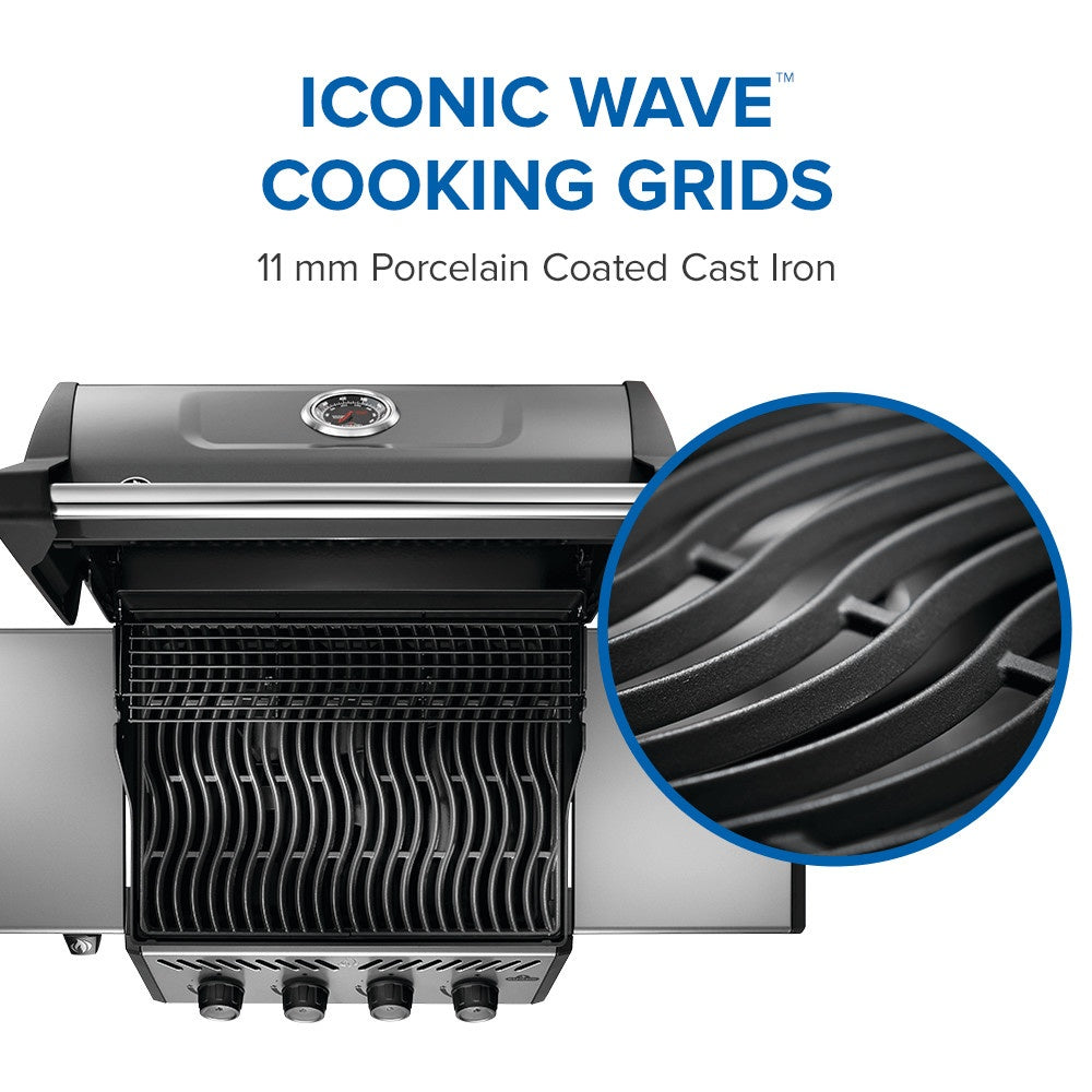 This image reads "Iconic Wave™ cooking grids. 11mm porcelain coated cast iron." It also has a close up view of what the surface of the grill looks like.