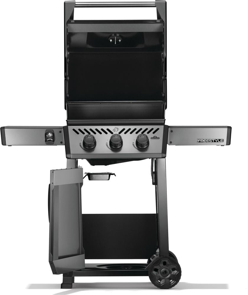 This image shows what this grill looks like when the top is up, the shelves are up and the under cabinet is open.