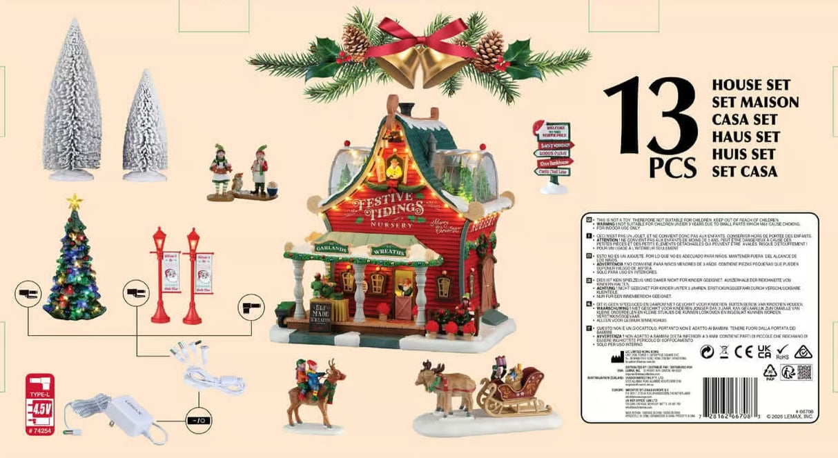 This image shows all thirteen items that come in this Lemax house set.