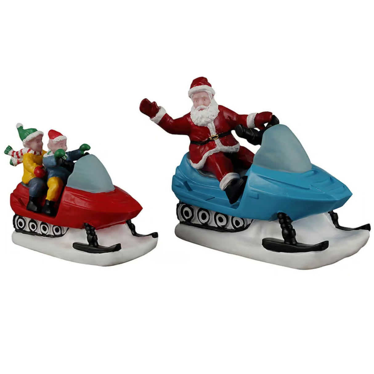 This image shows what these two Lemax Santa's Wonderland figurines look like on a white background. It's designed to look like Santa and some elves driving snowmobiles.