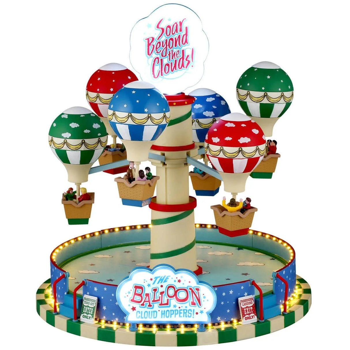 This image shows what this Lemax Carnival piece looks like on a white background. It was designed to look like a hot air balloon-themed carnival ride.