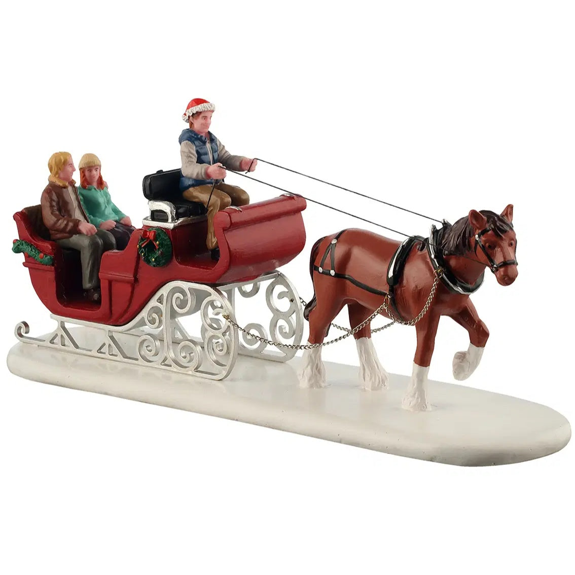 This image shows what this Lemax General Collectibles table accent looks like on a white background. It was designed to look like a horse leading a red sleigh carrying three people through the snow.
