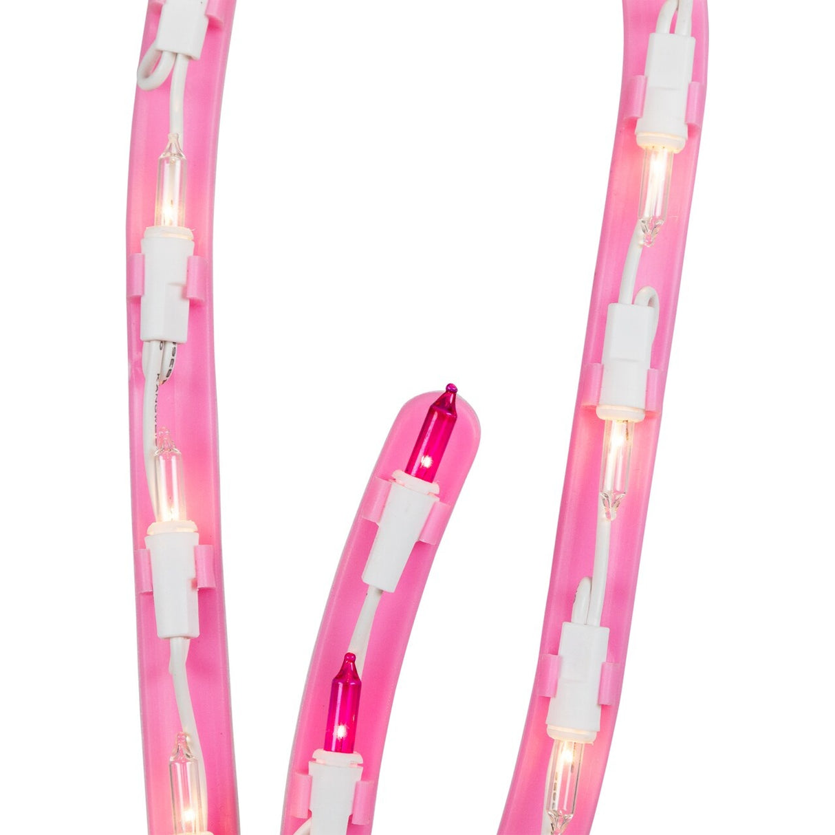 This is an up close view of the pink frame, the clear light bulbs and two pink light bulbs.