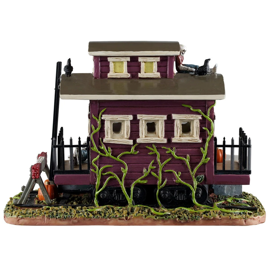 This is another angle of the train. There are green vines growing up the side and five dilapidated windows.