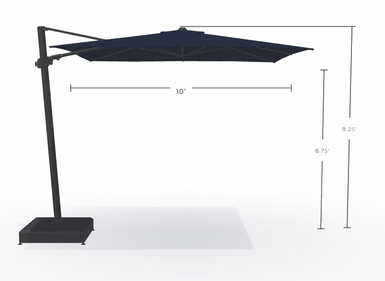 This image shows what the dimensions are of this umbrella. From the top of the umbrella to the top of the base, it's 8.25 feet tall. From the bottom of the umbrella to the base, it's 6.75 feet tall. From the left edge of the umbrella to the right edge of the umbrella, it measures 10 feet wide.