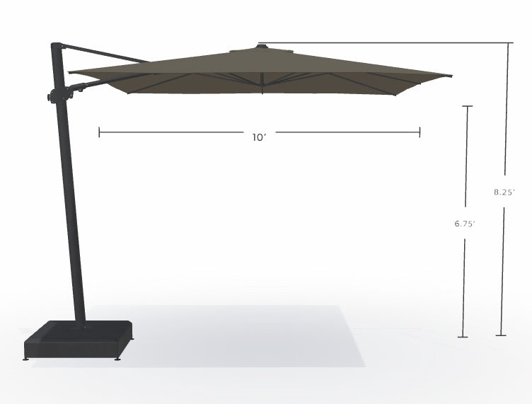 This image shows what the dimensions are of this umbrella. From the top of the umbrella to the top of the base, it's 8.25 feet tall. From the bottom of the umbrella to the base, it's 6.75 feet tall. From the left edge of the umbrella to the right edge of the umbrella, it measures 10 feet wide.