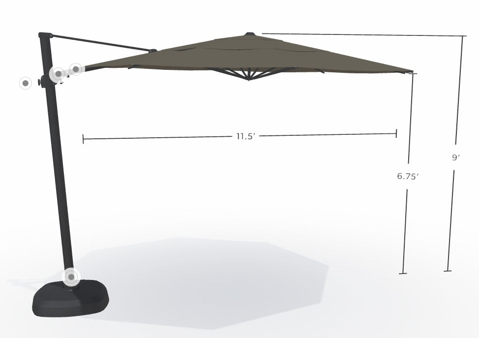This image shows what the dimensions are of this umbrella. From the top of the umbrella to the top of the base, it's 9 feet tall. From the bottom of the umbrella to the base, it's 6.75 feet tall. From the left edge of the umbrella to the right edge of the umbrella, it measures 11.5 feet wide.