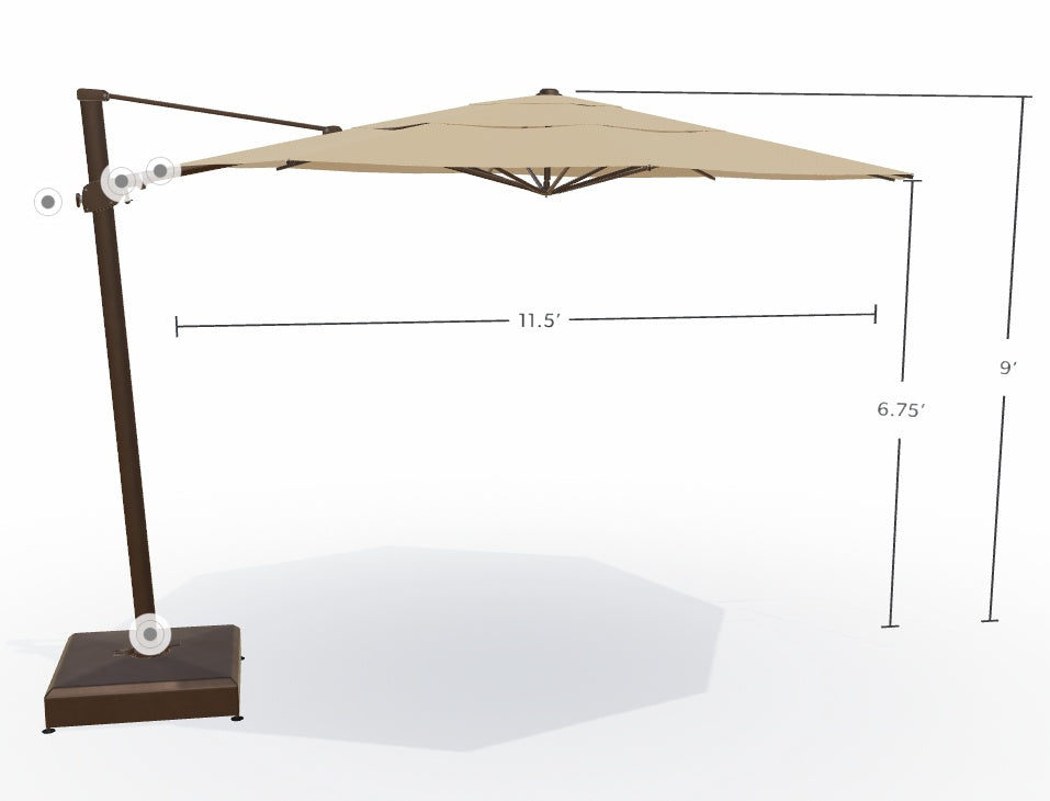 This image shows what the dimensions are of this umbrella. From the top of the umbrella to the top of the base, it's 9 feet tall. From the bottom of the umbrella to the base, it's 6.75 feet tall. From the left edge of the umbrella to the right edge of the umbrella, it measures 11.5 feet wide.