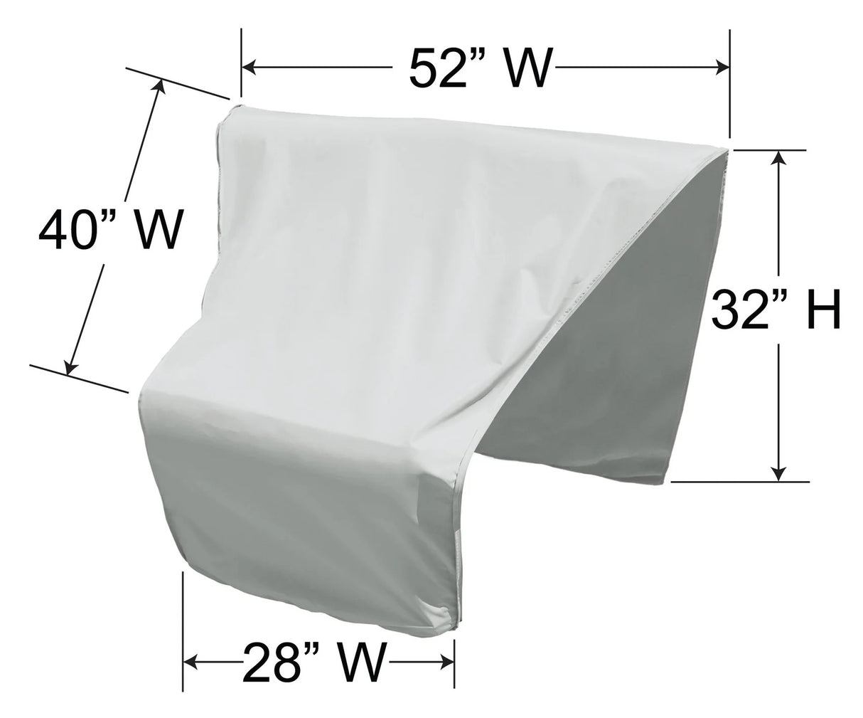 This image shows the different specs of this cover. The top width is 52 inches. The left side is 40 inches wide. The bottom width is 28 inches wide. The whole thing is 32 inches in height.