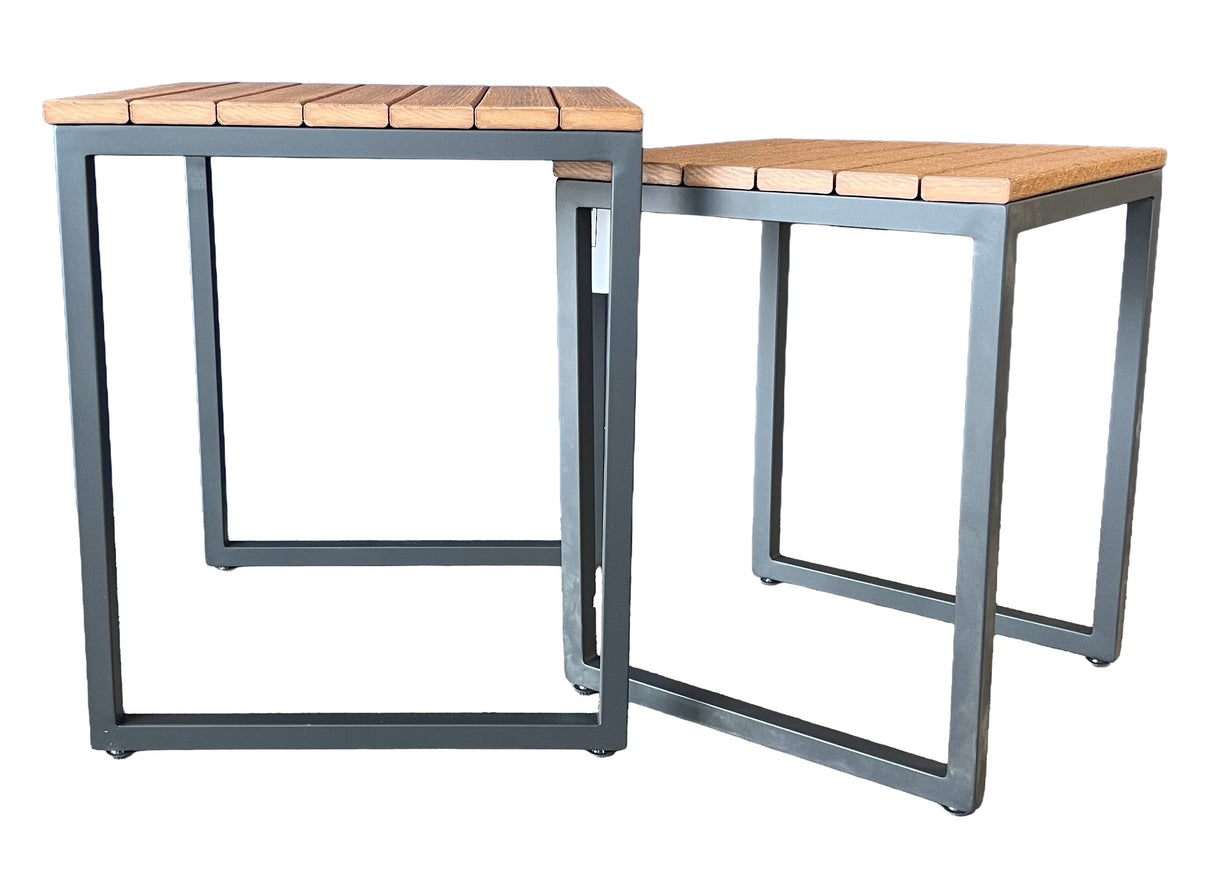 This image shows these nesting tables on a white background. The frames are a dark gray color and the tabletop is antique mahogany.