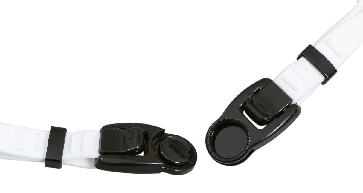 This image shows the unique clasp on the head strap of this swim mask. The clasp is black and the strap is white.
