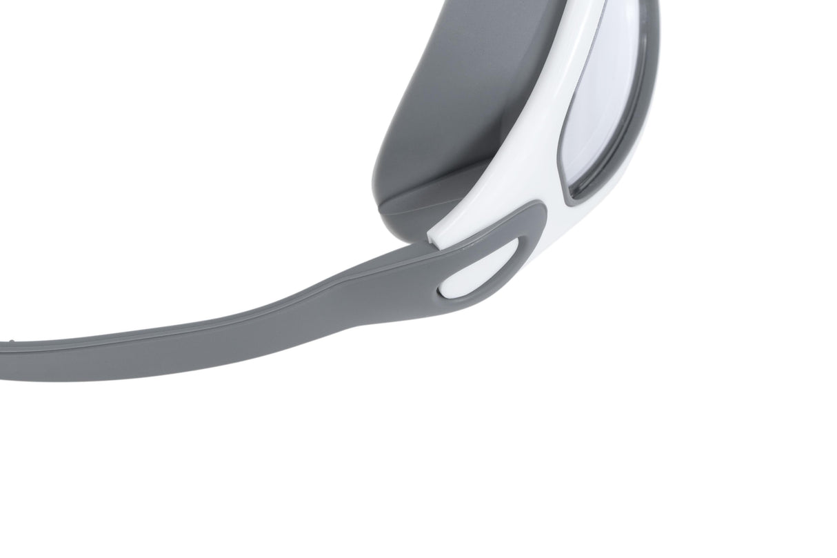 This image shows an up close view of the side of the swim mask. This mask is gray and white.