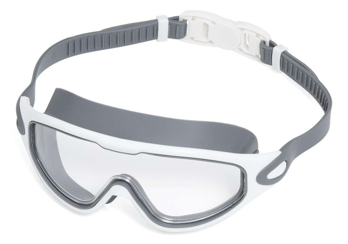 This image shows the swim mask on a white background. This mask has a white frame around the eyecups and the skirt/head strap are gray. The clasp is white.