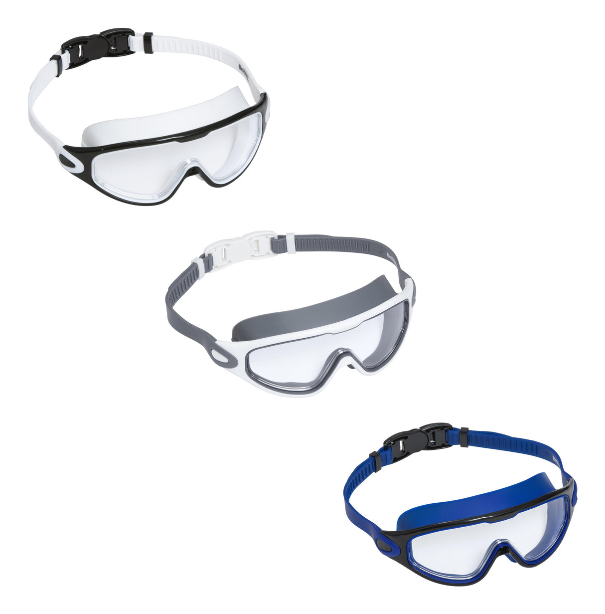 This image shows all three color options for this swim mask on a white background.