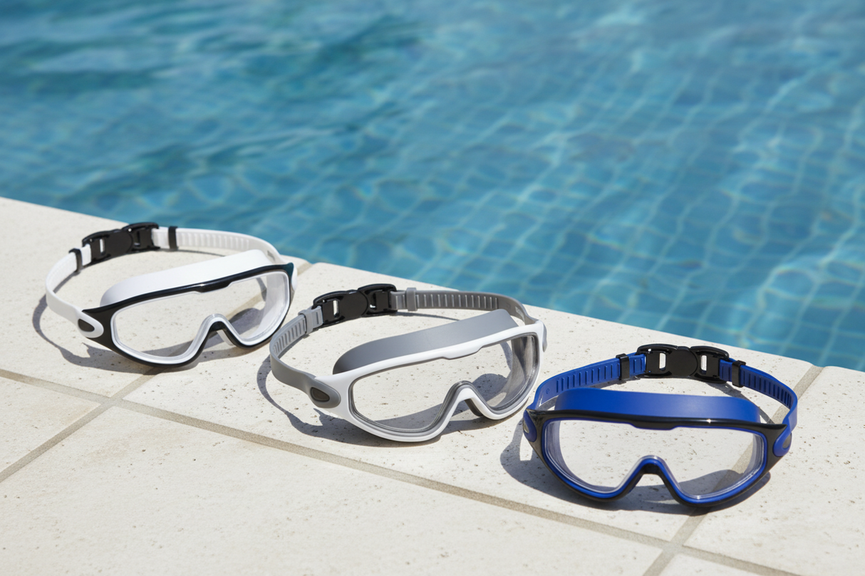 This is a lifestyle image showing all three color options available for this swim mask, all lined up on the edge of a pool.