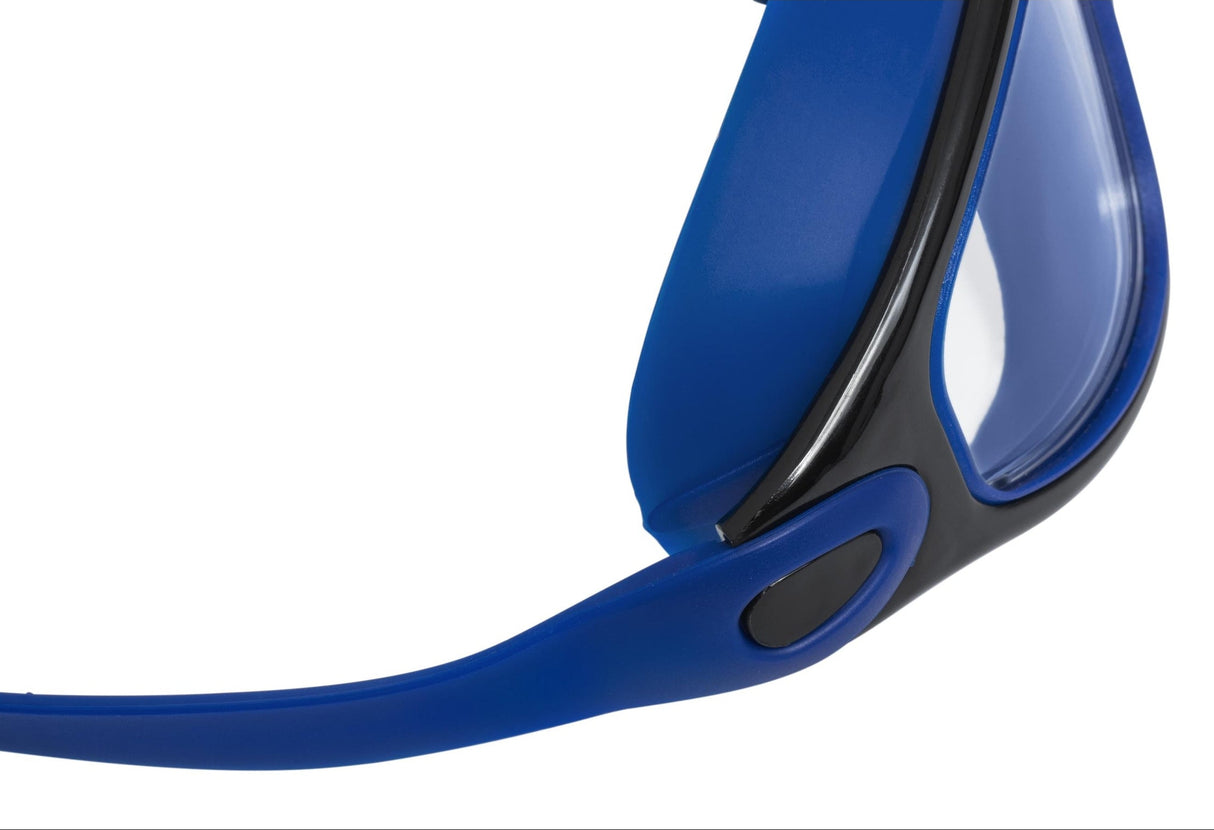 This image shows an up close view of the side of the swim mask. This mask is blue and black.