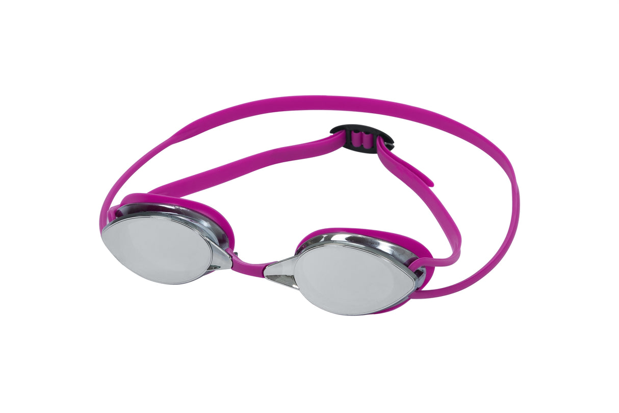 This image shows the magenta goggles on a white background. The eyecups are a mirrored-silver color.