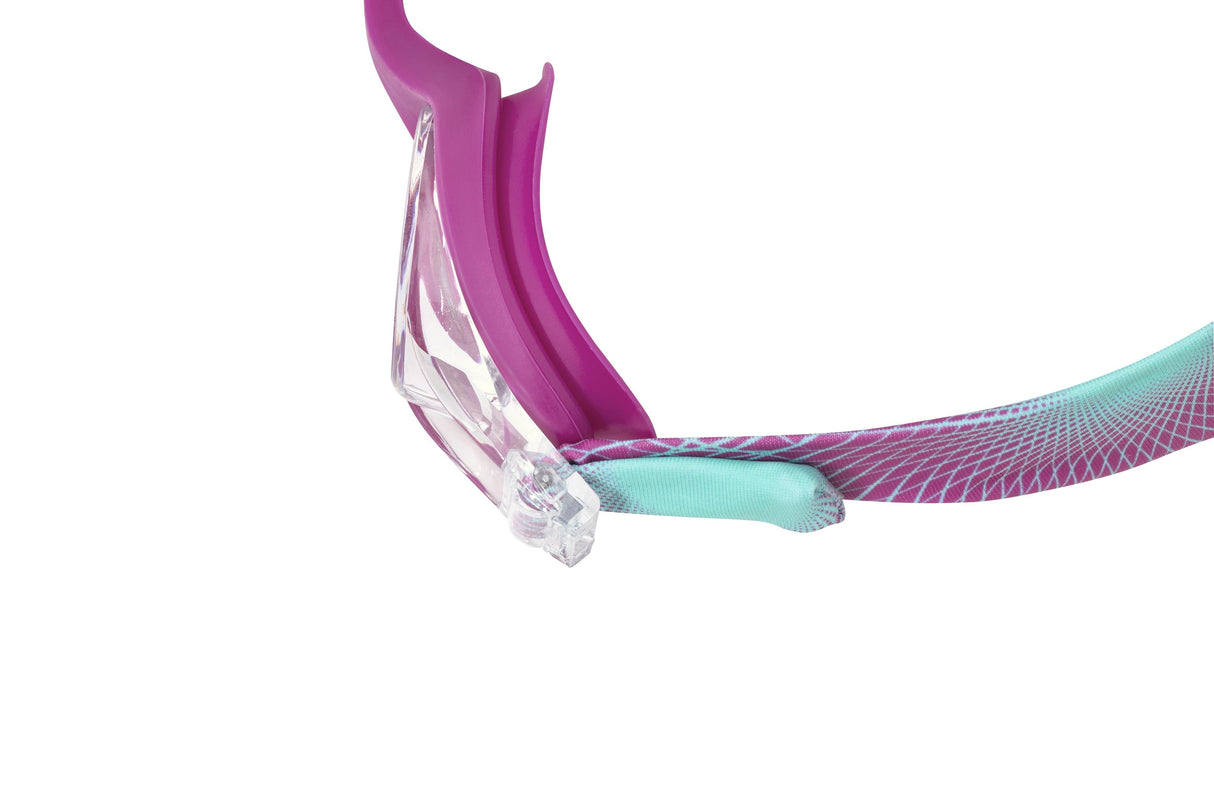 This image shows how thick the eyecups are on these goggles. This is the magenta and teal colored option.