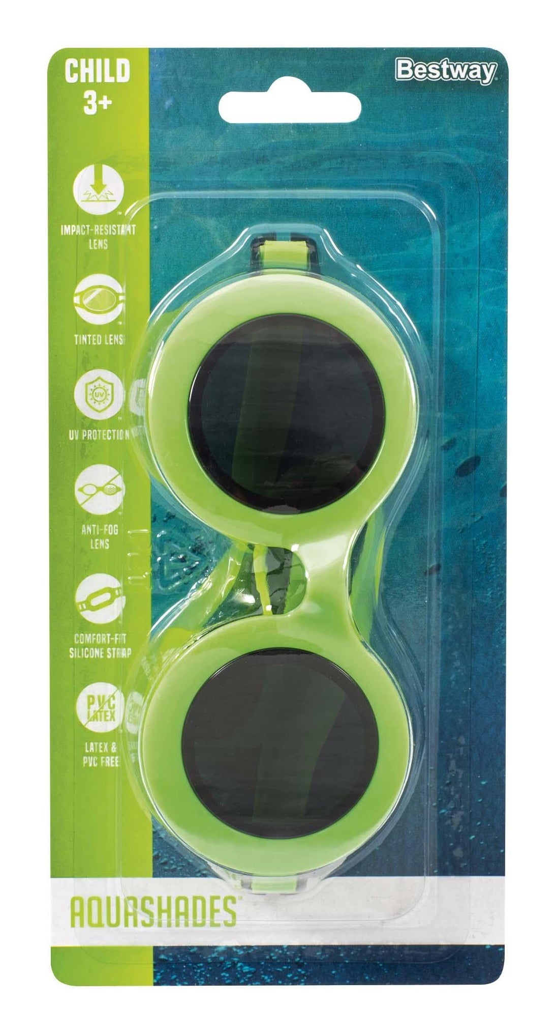 This image shows the packaging that the neon yellow goggles come in. It reads "Child 3+. Bestway. Impact-resistant lens. Tinted lens. UV-protection. Anti-fog lens. Comfort-fit silicon strap. Latex and PVC free. AquaShades."