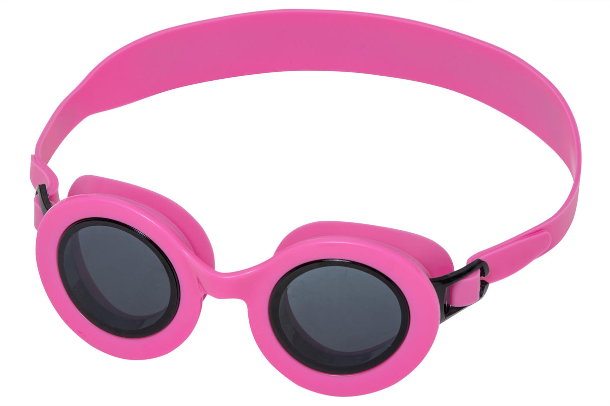 This image shows the neon pink colored swim goggles with black lenses on a white background.