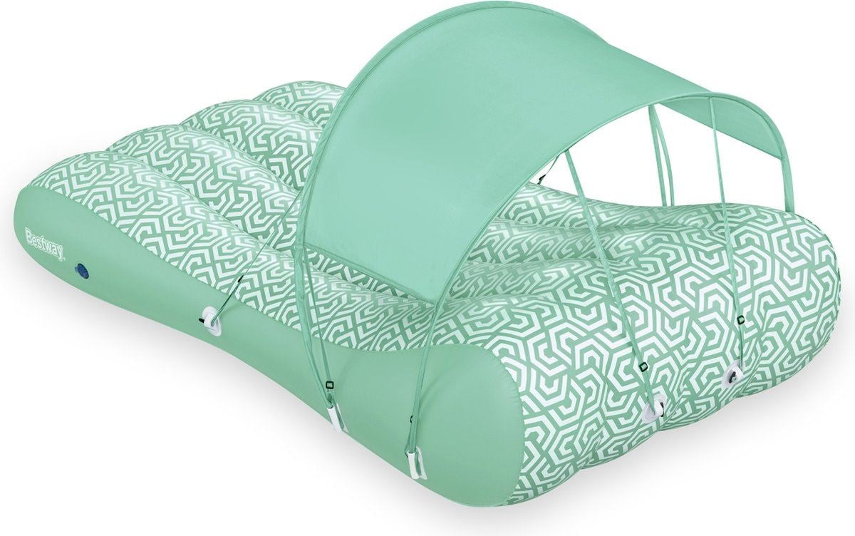 This image shows the pool float on a white background. The float has an intricate geometric design throughout. It's a light foam green color with white accents.