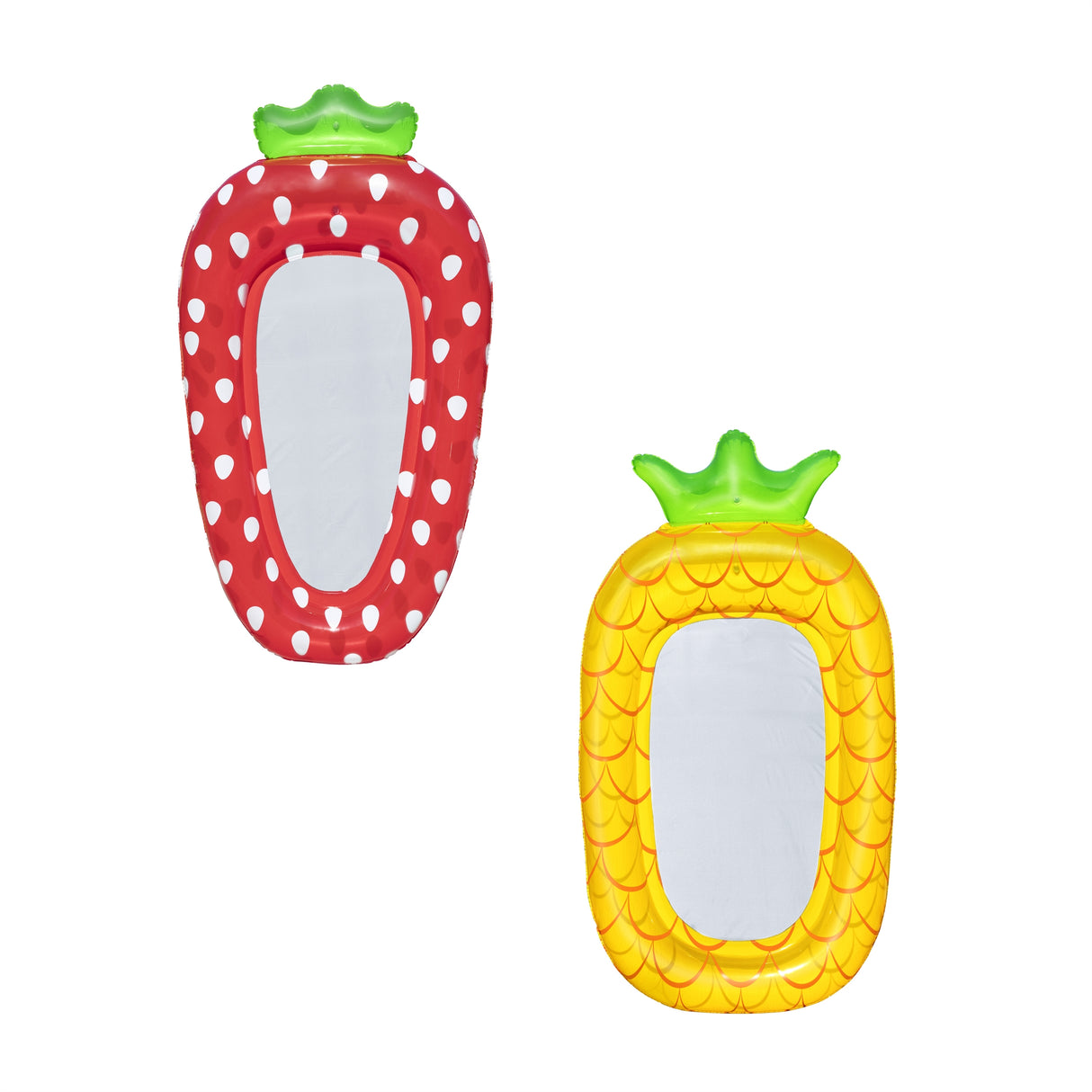This image shows the two different float options on a white background. One float is designed to look like a strawberry. It's red with white seeds. The top part (the headrest) is designed to look like the green leaves. The other float is designed to look like a pineapple. it's yellow with orange accents. The top part (the headrest) is designed to look like the green leaves. Inside the center of both floats are mesh.