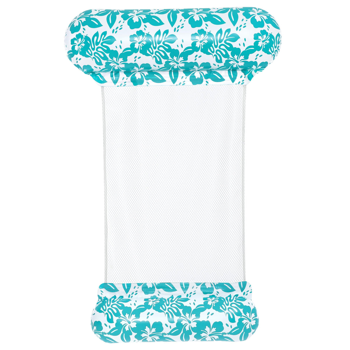 This image shows the pool hammock on a white background. The headrest and the leg rest are a floral teal and white design. There's a mesh bottom.