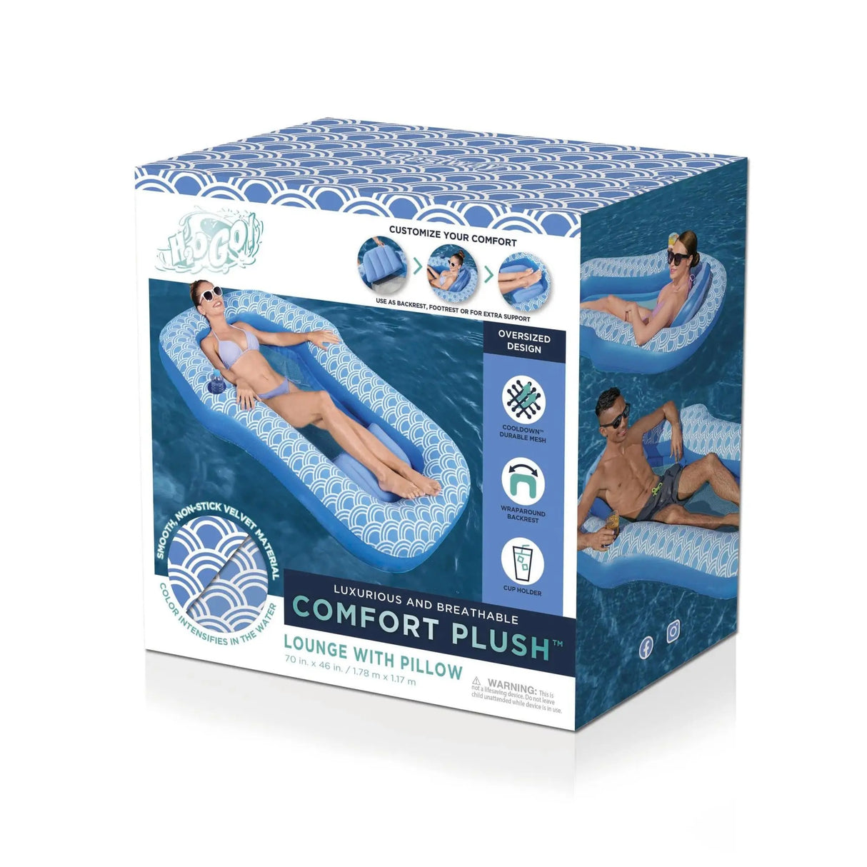 This is the packaging that this float comes in. It reads "H20GO! Customize your comfort. Use (detachable pillow) as backrest, footrest or for extra support. Oversized design. Cool down durable mesh. Wraparound backrest. Cup holder. Luxurious and breathable comfort plush lounge with pillow."