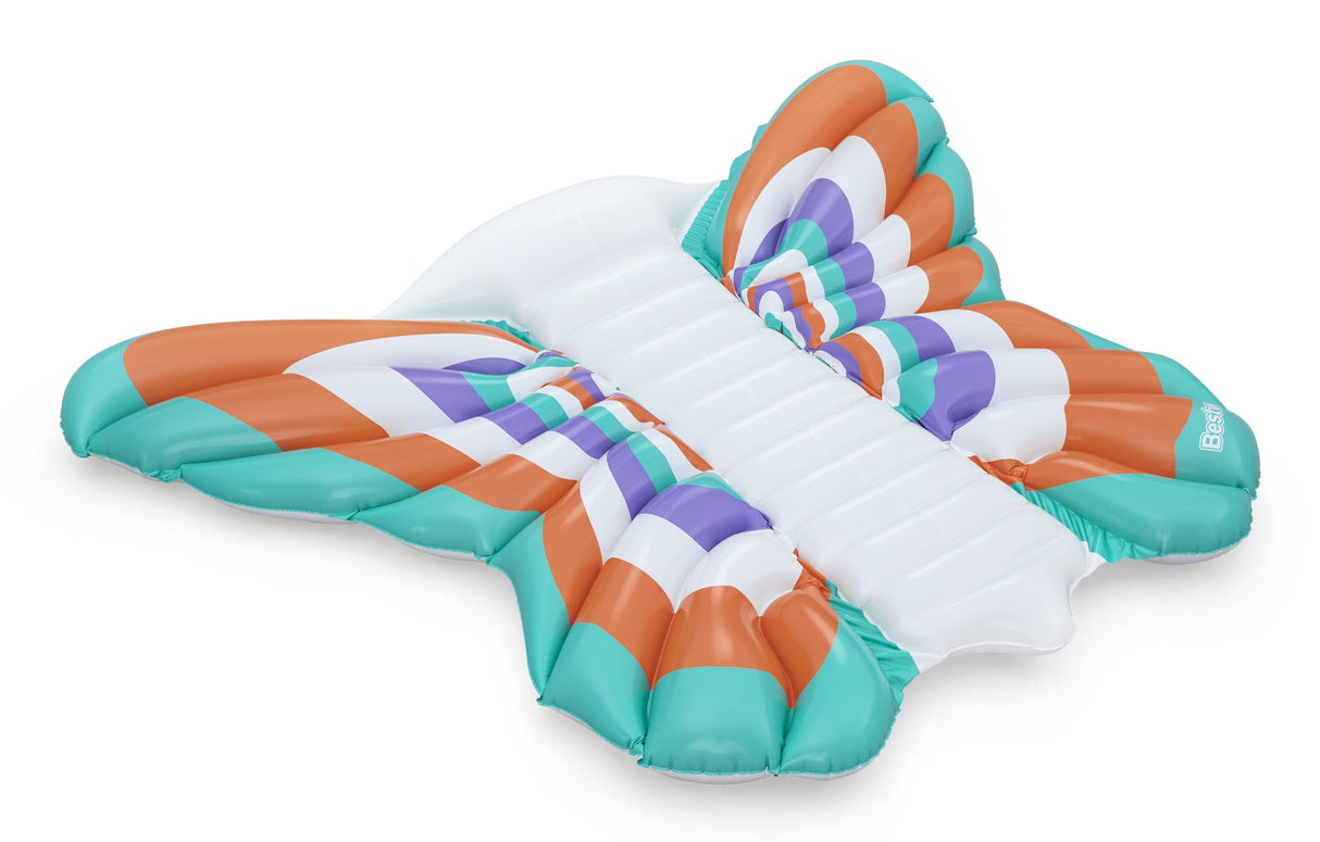 This image shows the butterfly shaped pool float from a different angle on a white background.