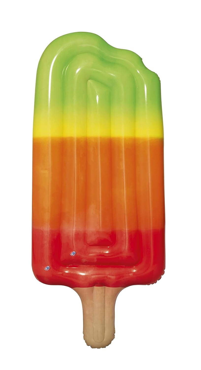 This image shows the dreamsicle popsicle on a white background. The popsicle has an ombre color design. Near the base it starts as red and goes into orange and goes into yellow and goes into a lime green color.