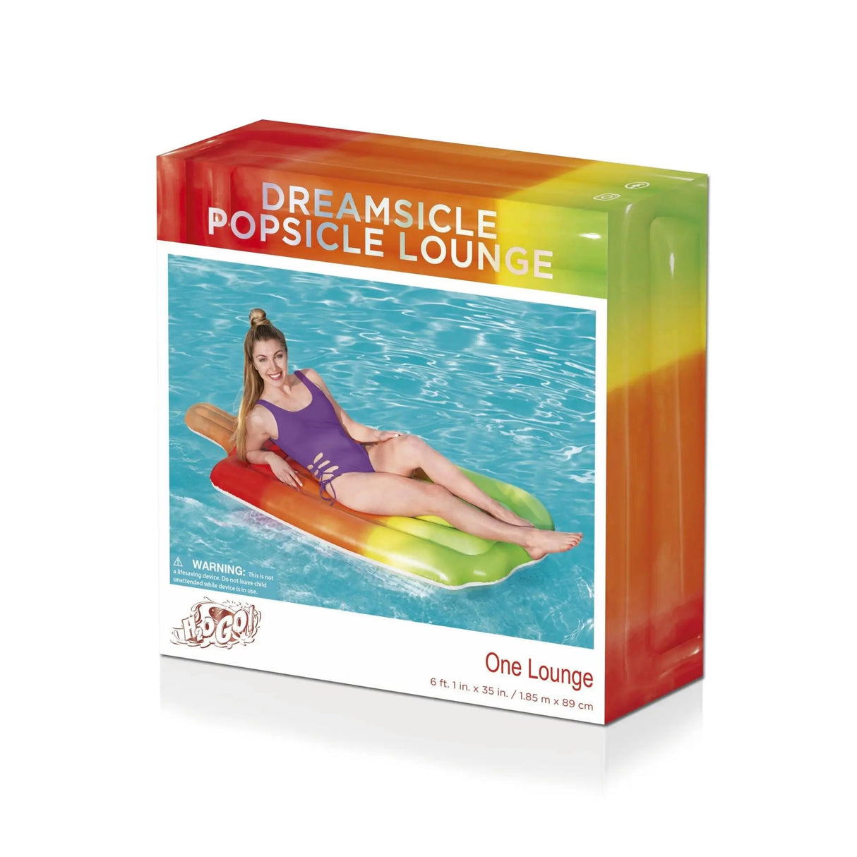 This is the packaging that this pool float comes in. It reads "Dreamsicle Popsicle Lounge. H20GO one lounge."