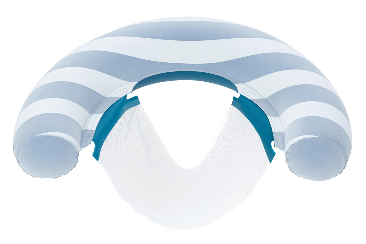 This image shows the light blue pool chair on a white background. The pool chair consists of a thick light blue and white striped pool noodle that has a mesh seat attached to it.