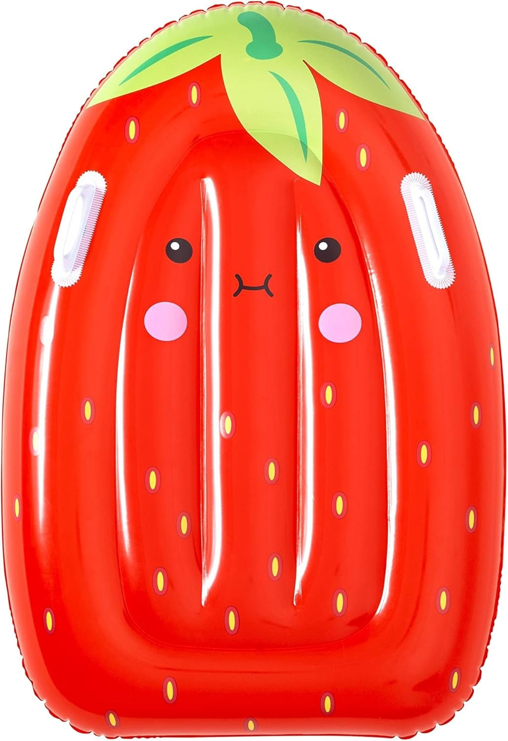 This image shows the strawberry float. It's red with small yellow "seeds" and green leaves up top. There's a handle on the left side and a handle on the right, they're both white. The strawberry has black eyes and a cute, little black mouth. It has pink cheeks.