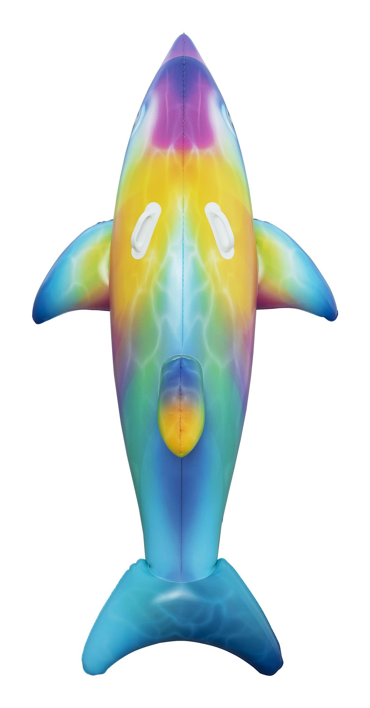 This image shows the dolphin ride-on float on a white background from above.