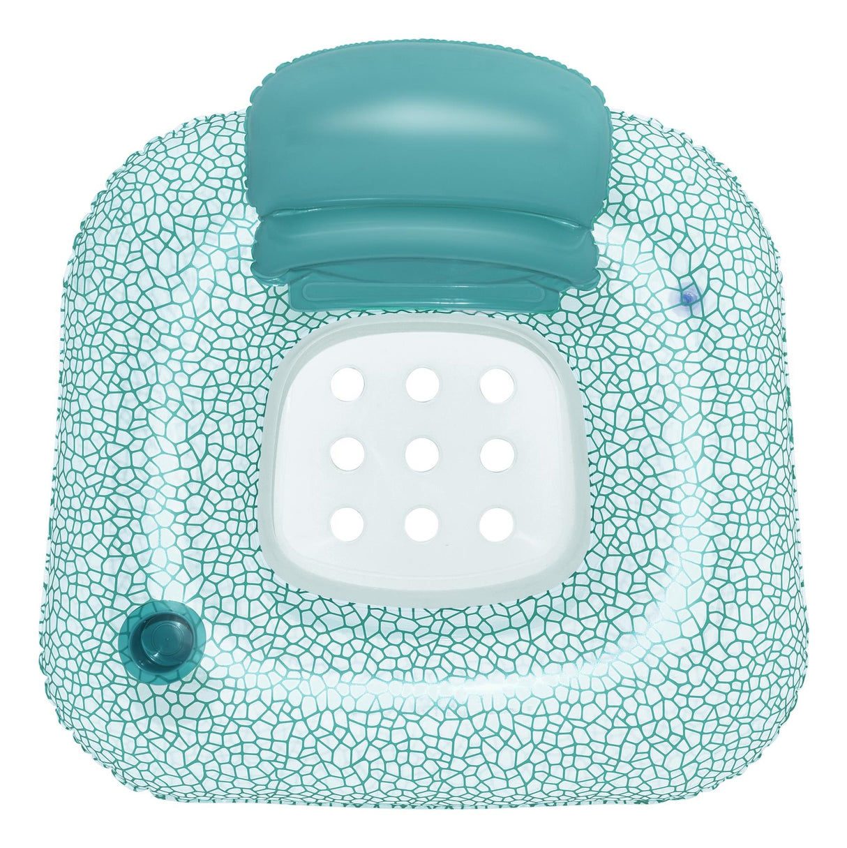 This is an aerial view of the inflatable pool chair on a white background. The outer rim of the chair has a teal and white mosaic-like design, a flip-able teal headrest, a teal cupholder and a white bottom with holes in it so you can stay cool in the water.