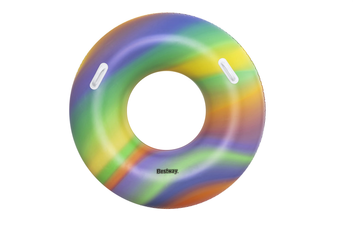 This image shows the inner tube on a white background. The inner tube consists of ombre colors including Purple, Green, Yellow and Orange.