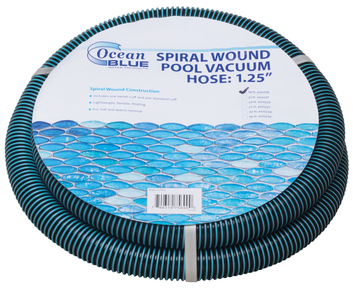 This image shows the hose on a white background. The packaging on the hose reads "Ocean Blue Water Products. Spiral Wound Pool Vacuum Hose: 1.25 inches. Spiral Wound Construction: Includes: One Swivel Cuff and One Standard Cuff. Lightweight, flexible, floating design. For leaf and debris removal. Part #511218."
