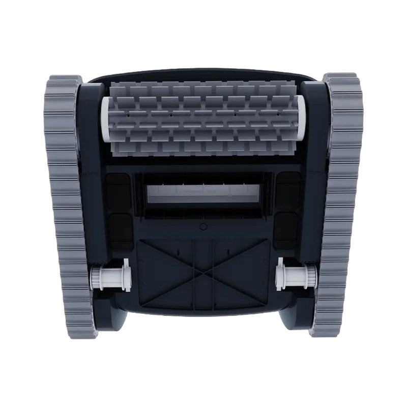 This image shows what this pool vacuum looks like from the bottom. You can see the wheels on the left and the right sides and the bristles at the front.